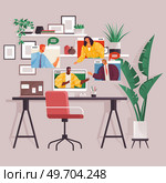 Video conference, converse via video call. Group of people on computer screen talking with colleague. Office chat and online communication concept. Virtual work meeting and videoconferencing. Video conference, converse via video call. Group of people on computer screen talking with colleague. Стоковая иллюстрация, агентство Ingram Publishing / Фотобанк Лори