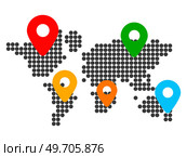 Map with location pointers, continents with countries and geotag. Connection and international communication worldwide. Delivery in different country. Geolocation signs, navigation gps locator. Map with location pointers, continents with geotag. Connection and international communication. Стоковая иллюстрация, агентство Ingram Publishing / Фотобанк Лори