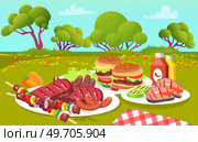 Lovely summer picnic scene in trendy cartoon style. Vector burgers, fried fish and grilled sausages, vegetables and sauces. Outdoor lunch on lawn. Dining on grass, leisure time, delicious on plates. Lovely summer picnic scene in trendy cartoon style. Outdoor lunch on lawn, dining on grass. Стоковая иллюстрация, агентство Ingram Publishing / Фотобанк Лори