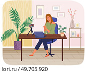 Podcaster woman character in office room interior. Girl listening audio podcast and speaking at live streaming use smartphone and laptop on her vlog. Podcaster making, blogger, technology concept. Podcaster woman character in office room interior. Girl listening audio podcast. Стоковая иллюстрация, агентство Ingram Publishing / Фотобанк Лори