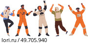 Animators at birthday party in cosmic style. Theme party in costumes. Dancing people in costumes have fun at space party. Characters in self made outfits surrounded by cosmic bodies, space disco. Animators at birthday in cosmic style. Theme party in costumes. People in costumes have fun at space party. Стоковая иллюстрация, агентство Ingram Publishing / Фотобанк Лори