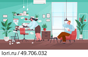 Confusion and mess. Stressed man office worker spreading papers. Tired confused worker sits at table and scaredly holding his hand over his head. Home office workplace with computer and chaos. Confusion and mess. Stressed man office worker spreading paper. Tired confused worker in home office. Стоковая иллюстрация, агентство Ingram Publishing / Фотобанк Лори