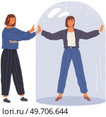 Protection of personal space from extraneous. Female restrictions, young woman stands under glass jar. Character is in confined space, loneliness, solitude. Concept of freedom, mental rehabilitation. Protection of personal space. Female restrictions, young angry woman stands under glass jar. Стоковая иллюстрация, агентство Ingram Publishing / Фотобанк Лори