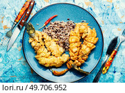 Breaded dietary fish and boiled wild rice. Deep fried fish. Fried fish in pairing. Стоковое фото, агентство Ingram Publishing / Фотобанк Лори