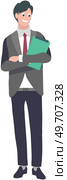 Smiling man in business suit standing loking at something. Person holds paper document looks ahead. Businessman isolated on white background. Male character at office meeting vector illustration. Smiling man in business suit standing loking at something. Person holds paper document, businessman. Стоковая иллюстрация, агентство Ingram Publishing / Фотобанк Лори