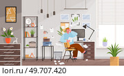 Confusion and mess. Stressed man office worker spreading papers. Tired confused worker sits at table and scaredly holding his hand over his head. Home office workplace with computer and chaos. Confusion and mess. Stressed man office worker spreading paper. Tired confused worker in home office. Стоковая иллюстрация, агентство Ingram Publishing / Фотобанк Лори