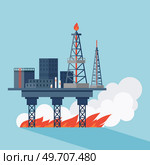 Oil derrick in fire. Industrial factories. Oil and petroleum industry. Oil refinery complex with pipes and tanks gas production rigs with endless steel landscape. Petroleum fuel industry pipeline. Oil derrick in fire. Industrial factories silhouette background. Oil and petroleum industry. Стоковая иллюстрация, агентство Ingram Publishing / Фотобанк Лори