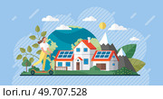 Renewable electric solar power plant station. Modern alternative eco green energy. Clean sustainable energy photovoltaic generation industry. Solar panels on house. Eco transport. Earth care. Green. Solar panels on house. Eco transport. Earth care. Green. Стоковая иллюстрация, агентство Ingram Publishing / Фотобанк Лори