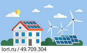 Electric energy technology off grid OTG inverter, charge controller, battery, meter, solar panels and wind turbines. Solar cell system. Solar panel system collector from poly crystalline square cells. Electric energy technology off grid OTG inverter, charge controller, battery, meter, solar panels and wind turbines. Стоковая иллюстрация, агентство Ingram Publishing / Фотобанк Лори