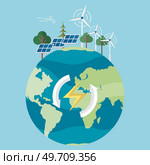 Eco friendly, sustainable, renewable and alternative energy. Renewable alternative energy concept with glowing low poly panel. Wind turbines. Green world energy on Earth planet. Solar cell system. Eco friendly, sustainable, renewable and alternative energy. Renewable alternative energy. Стоковая иллюстрация, агентство Ingram Publishing / Фотобанк Лори