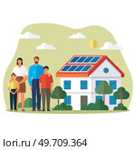 Solar panel on home roof sun system. Green energy. Renewable energy, ecology and green electricity. Modern eco suny panel on roof renewable electricity systems. Family house green energy. Modern eco suny panel on roof renewable electricity systems. Family house green energy. Стоковая иллюстрация, агентство Ingram Publishing / Фотобанк Лори