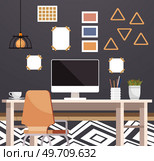 Home office. Interior vector illustration. Work from home. Rooms layout optimizes space for an efficient workflow Home office provides a quiet and conducive environment for work Furniture in workspace. Home office. Work from home. Office space into vibrant and creative hub Creating an inspiring workplace is crucial for. Стоковая иллюстрация, агентство Ingram Publishing / Фотобанк Лори