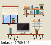 Home office interior. Vector illustration. Freelance or studying concept Workplace room, modern interior, cabinet Business workspace in room interior Workplace modern interior, home or office room pc. Home office interior. Vector illustration. Freelance or studying concept Workplace room. Стоковая иллюстрация, агентство Ingram Publishing / Фотобанк Лори