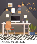 Home office. Interior vector illustration. Work from home. Office area is thoughtfully arranged for optimal productivity Working from home offers flexibility to balance work and personal life. Home office. Work from home. Home office provides a dedicated workspace within the comfort of home Office area is. Стоковая иллюстрация, агентство Ingram Publishing / Фотобанк Лори
