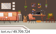 Home office. Interior vector illustration. Work from home. Room layout optimizes natural light for pleasant working environment Home office provides quiet retreat for focused and uninterrupted work. Home office. Work from home. Interior designer incorporated natural elements into rooms design Workspace individual work. Стоковая иллюстрация, агентство Ingram Publishing / Фотобанк Лори