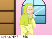 A vector illustration of Muslim Woman Sneezing Into a Tissue . Стоковая иллюстрация, агентство Ingram Publishing / Фотобанк Лори