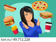 A vector illustration of Woman Refusing Fast Food Temptation. Стоковая иллюстрация, агентство Ingram Publishing / Фотобанк Лори