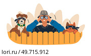 Being watched concept with curious man and his faithful friends cat and dog spying look through spy glass hiding behind wooden fence outside observing sneaking. Suspicious male peek, look out, search. Being watched concept with curious man and faithful pet cat and dog spying look through spy glass. Стоковая иллюстрация, агентство Ingram Publishing / Фотобанк Лори