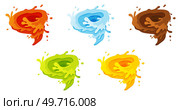 Water and juice splash liquide. Vector Illustration. A wave shape, sculpted testament to oceans rhythm A drop shape, gentle whisper of fluid dynamics A dripped droplet, delicate dancer in ballet. Water and juice splash liquide. A drop shape, minimalist representation of liquid in motion A dripped droplet, Стоковая иллюстрация, агентство Ingram Publishing / Фотобанк Лори
