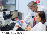 female and male eye doctor sitting with ophthalmologic device. Стоковое фото, агентство Ingram Publishing / Фотобанк Лори