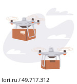 Delivery service with copter, shipping parcel package. Transportation of goods using flying copter. Future technologies of online delivery of boxes. Helicopter, quadcopter for smart urban logistics. Helicopter, quadcopter for smart urban logistics. Delivery service with copter, shipping parcels. Стоковая иллюстрация, агентство Ingram Publishing / Фотобанк Лори