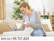 nice hard working woman spraying cleansing agent on the cushion. Стоковое фото, агентство Ingram Publishing / Фотобанк Лори
