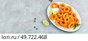 Deep fried calamari or squid rings. Delicious fried food. Space for text. Frying rings of squid, copy space. Стоковое фото, агентство Ingram Publishing / Фотобанк Лори