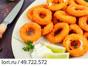 Baked breaded calamari or octopus rings on brown concrete table.. Rings of squid. Стоковое фото, агентство Ingram Publishing / Фотобанк Лори