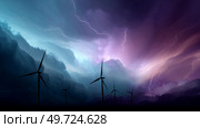 Dark shelf cloud preceding a severe thunderstorm at a wind turbine park. Beautiful thunderstorm black clouds and clouds hanging over the ground. Стоковое AI-изображение, AI-художник ALLA YURTAYEVA / Фотобанк Лори
