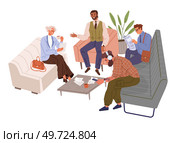 Group of people in waiting hall. Rest in expectation. Men sitting on couch with newspaper and phone. Interior of house or hotel. People in hospital or at public laundry, visitors communicate. People sit in waiting hall. Men sitting on couch with newspaper, phone, visitors communicate. Стоковая иллюстрация, агентство Ingram Publishing / Фотобанк Лори