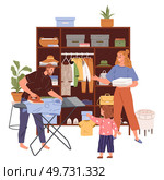 Clothing care. Vector illustration. Finding perfect outfit can make you feel confident and stylish The clothing care concept emphasizes importance taking care ourselves Wear clothes complement. Clothing care. Reuse old fabrics to create beautiful home decorations. Стоковая иллюстрация, агентство Ingram Publishing / Фотобанк Лори