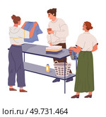 People at public laundry. Housewife doing housework and wash clothes, talking to neighbors, folds clean garments. Woman organizing wardrobe. Person taking inventory and sorting out apparels. People at public laundry doing housework and wash clothes, talking to neighbors, fold clean garments. Стоковая иллюстрация, агентство Ingram Publishing / Фотобанк Лори