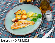 On plate, slice of fried redfish garnished with French fries. Стоковое фото, фотограф Яков Филимонов / Фотобанк Лори
