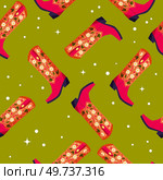 Cowboy boots with flowers and hearts on vibrant green background, seamless pattern. Cute festive repeat pattern. Bright colorful vector design. Стоковая иллюстрация, агентство Ingram Publishing / Фотобанк Лори