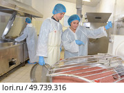Factory workers overseeing mixing of ingredients in vat. Стоковое фото, агентство Ingram Publishing / Фотобанк Лори