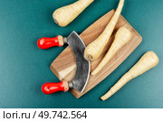 Raw parsnips roots and knife on the kitchen table. Raw parsnip roots, homeopathic herbs. Стоковое фото, агентство Ingram Publishing / Фотобанк Лори