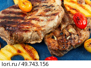 Barbecue steak with pineapples. Grilled meat,roasted with pineapple. Grilled steak and ananas.. Grilled pork loin steak, bbq. Стоковое фото, агентство Ingram Publishing / Фотобанк Лори