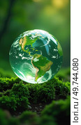 Glass glowing sphere of planet Earth in forest is a ball with an internal microclimate, a clean environment, protecting the ecology of the planet. AI generated. Стоковое AI-изображение, AI-художник Ольга Симонова / Фотобанк Лори