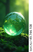 Glass glowing sphere of planet Earth in forest is a ball with an internal microclimate, a clean environment, protecting the ecology of the planet. AI generated. Стоковое AI-изображение, AI-художник Ольга Симонова / Фотобанк Лори