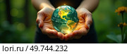 Glass glowing sphere of planet Earth In palms of hands is a ball with internal microclimate, caring for planet, clean environment, protecting ecology, geography, continents, travel. AI generated. Стоковое AI-изображение, AI-художник Ольга Симонова / Фотобанк Лори