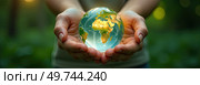 Glass glowing sphere of planet Earth In palms of hands is a ball with internal microclimate, caring for planet, clean environment, protecting ecology, geography, continents, travel. AI generated. Стоковое AI-изображение, AI-художник Ольга Симонова / Фотобанк Лори