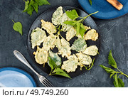 Breaded nettle or battered nettle. Spring greens appetizer, tempura. Stinging nettles leaves fried. Breaded nettle or battered nettle. Стоковое фото, агентство Ingram Publishing / Фотобанк Лори