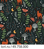 Whimsical Woodland Nightscape with Deer and Moths on dark background. Colorful seamless pattern, vector illustration. Стоковая иллюстрация, агентство Ingram Publishing / Фотобанк Лори