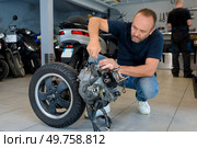 man looking at dismantled scooter engine in garage. Стоковое фото, агентство Ingram Publishing / Фотобанк Лори