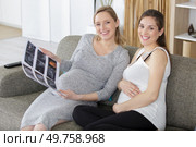 two pregnant women sitting on sofa. Стоковое фото, агентство Ingram Publishing / Фотобанк Лори