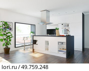 modern home kitchen with table in the window. 3d rendering concept. modern home kitchen. Стоковое фото, агентство Ingram Publishing / Фотобанк Лори