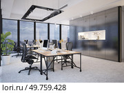 Modern office with panoramic city views and workstations. 3D render. Modern office with panoramic city views. Стоковое фото, агентство Ingram Publishing / Фотобанк Лори