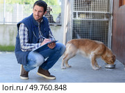 man writing on clipboard in kennels. Стоковое фото, агентство Ingram Publishing / Фотобанк Лори