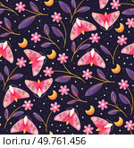 A whimsical night-themed pattern featuring pink moths, crescent moons, and delicate flowers, set against a starlit background, evoking a magical midnight garden.. Moonlit Moths & Blossoms. Стоковое фото, агентство Ingram Publishing / Фотобанк Лори