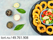 Rings of squid in batter with sauce. Fried squid rings, squid dish. Flat lay.. Fried calamari squid, seafood. Стоковое фото, агентство Ingram Publishing / Фотобанк Лори